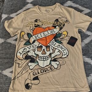Ed Hardy Cream T-Shirt with Skull and Heart Design